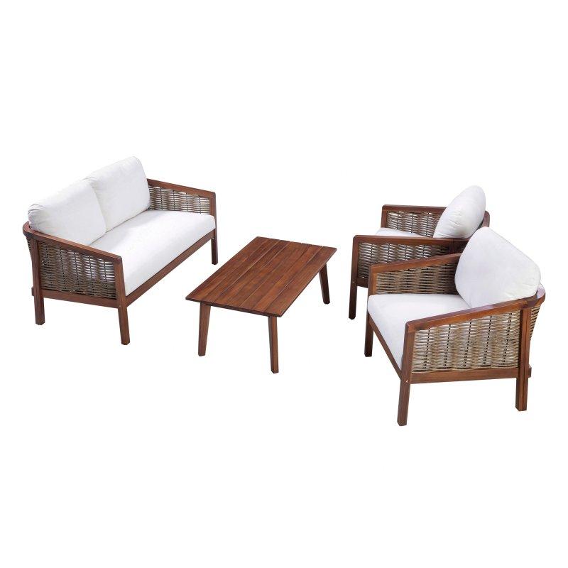 Kahverengi Akasya Ahşap Rattan Detaylı Minderli 4 Parça Bahçe Takımı - 273151