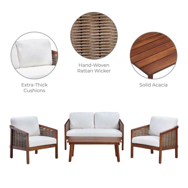 Kahverengi Akasya Ahşap Rattan Detaylı Minderli 4 Parça Bahçe Takımı - 273151