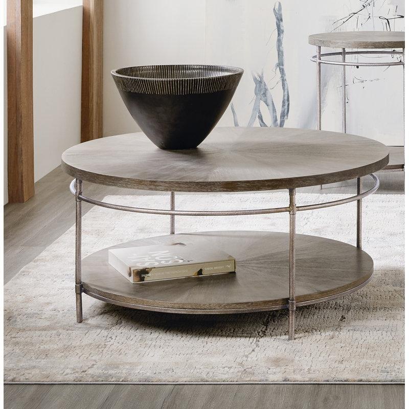 Kahverengi Akasya Kaplama Yıldız Desenli Metal Ayaklı Raflı Yuvarlak Orta Sehpa - 97 cm - 244777