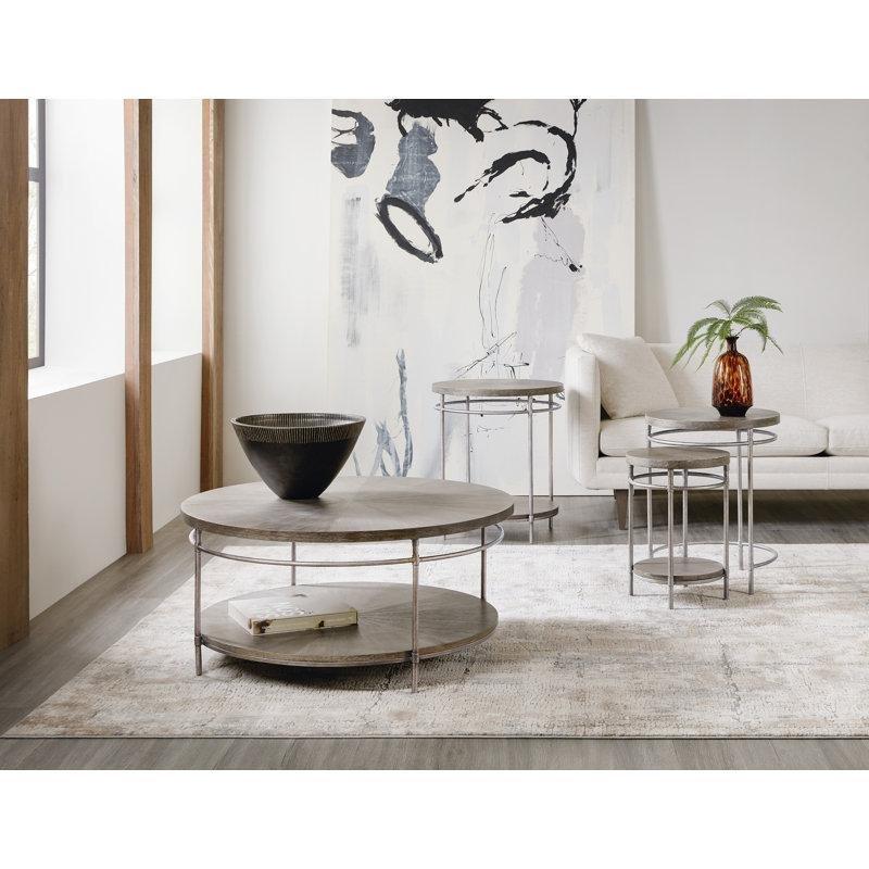 Kahverengi Akasya Kaplama Yıldız Desenli Metal Ayaklı Raflı Yuvarlak Orta Sehpa - 97 cm - 244777