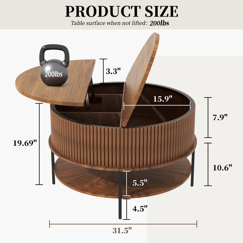 Kahverengi Asansörlü ve Depolama Alanlı Çelik Ayaklı Yuvarlak Akıllı Sehpa - 81 cm - 254317