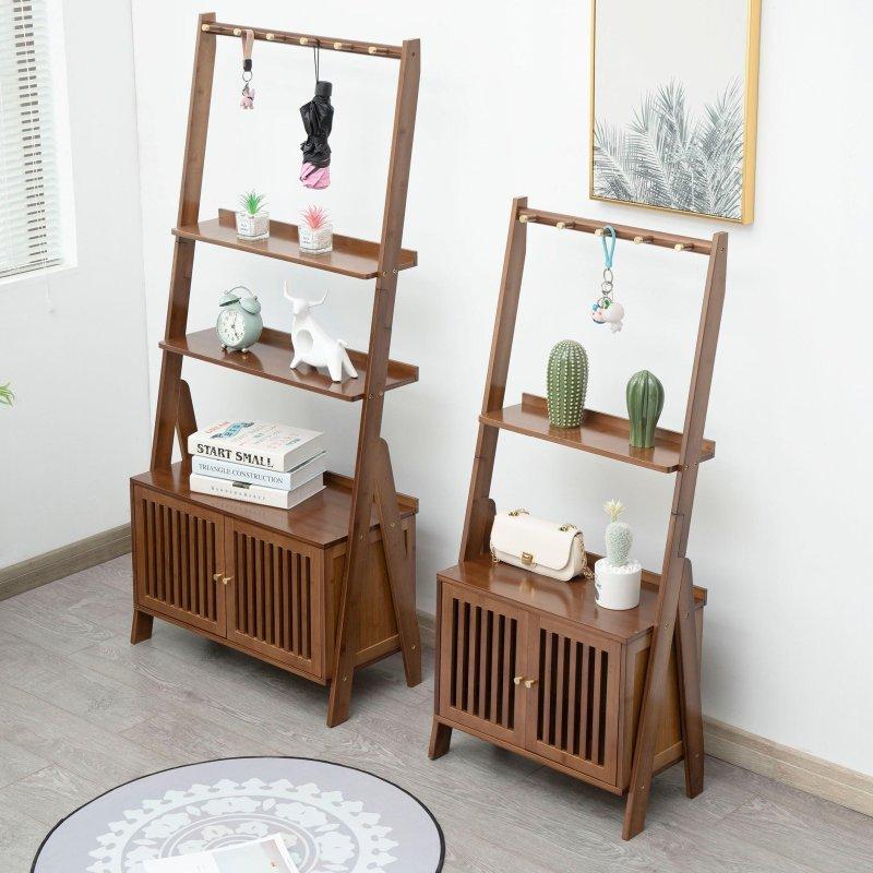 Kahverengi Bambu 3 Raflı Kapaklı ve Askılı Merdiven Kitaplık - 69x30x150 cm - 315672