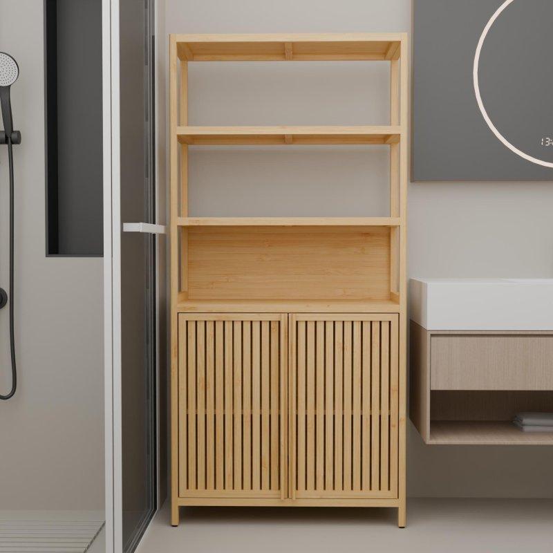 Kahverengi Bambu Açık Raflı ve Çift Kapaklı Çok Amaçlı Banyo Dolabı - 165 cm - 333718