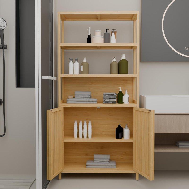 Kahverengi Bambu Açık Raflı ve Çift Kapaklı Çok Amaçlı Banyo Dolabı - 165 cm - 333718