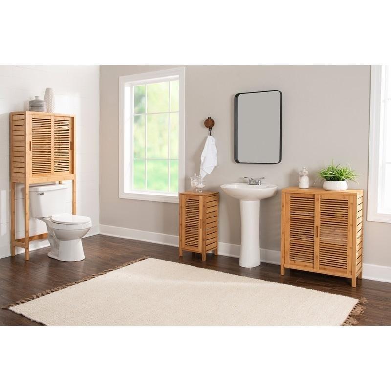 Kahverengi Bambu Lamelli Kapaklı Çok Amaçlı Banyo Dolabı - 34x28x73 cm - 333795