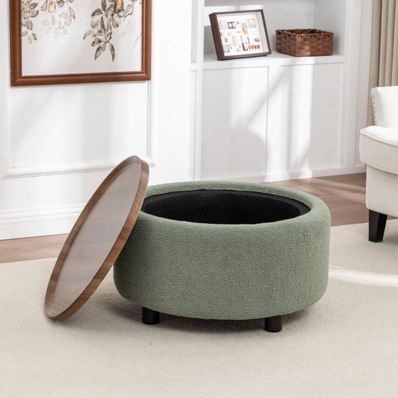 Kahverengi Bukle Kumaş Saklama Alanlı Çıkarılabilir Tepsili Ahşap Yuvarlak Orta Sehpa - 72x40 cm - 245802