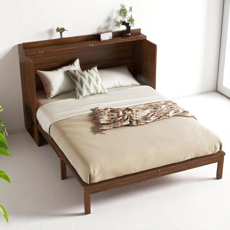 Kahverengi Çam Ağacı Rattan Panelli Çekmeceli USB ve Prizli Duvar Yatağı - 262681