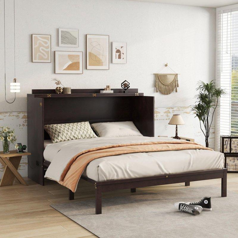 Kahverengi Çam Ahşap Rattan Panelli Çekmeceli ve Dahili Prizli Queen Duvar Yatağı - 264273