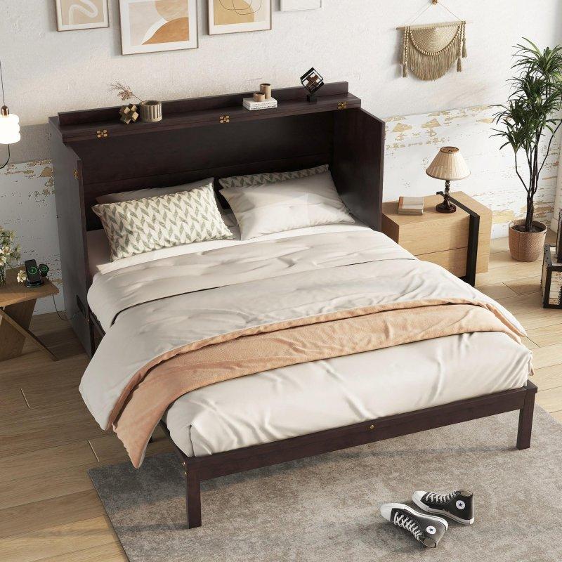 Kahverengi Çam Ahşap Rattan Panelli Çekmeceli ve Dahili Prizli Queen Duvar Yatağı - 264273