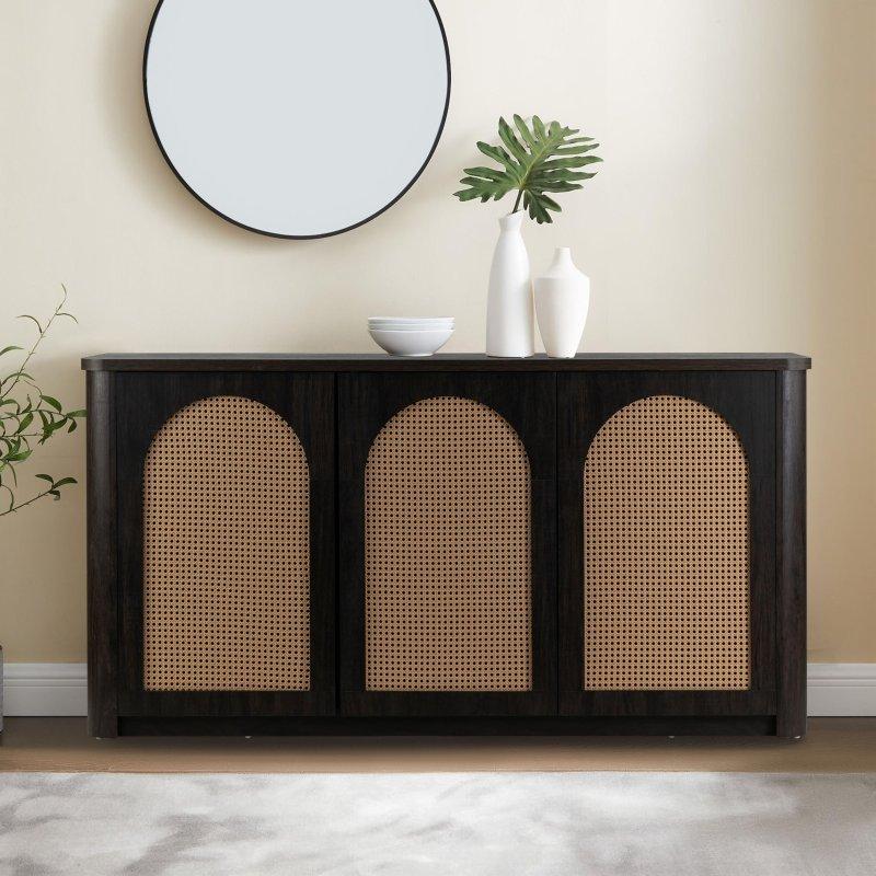 Kahverengi Ceviz Ahşap Rattan Üç Kapaklı Bohem Konsol - 161x41x84 cm - 324949