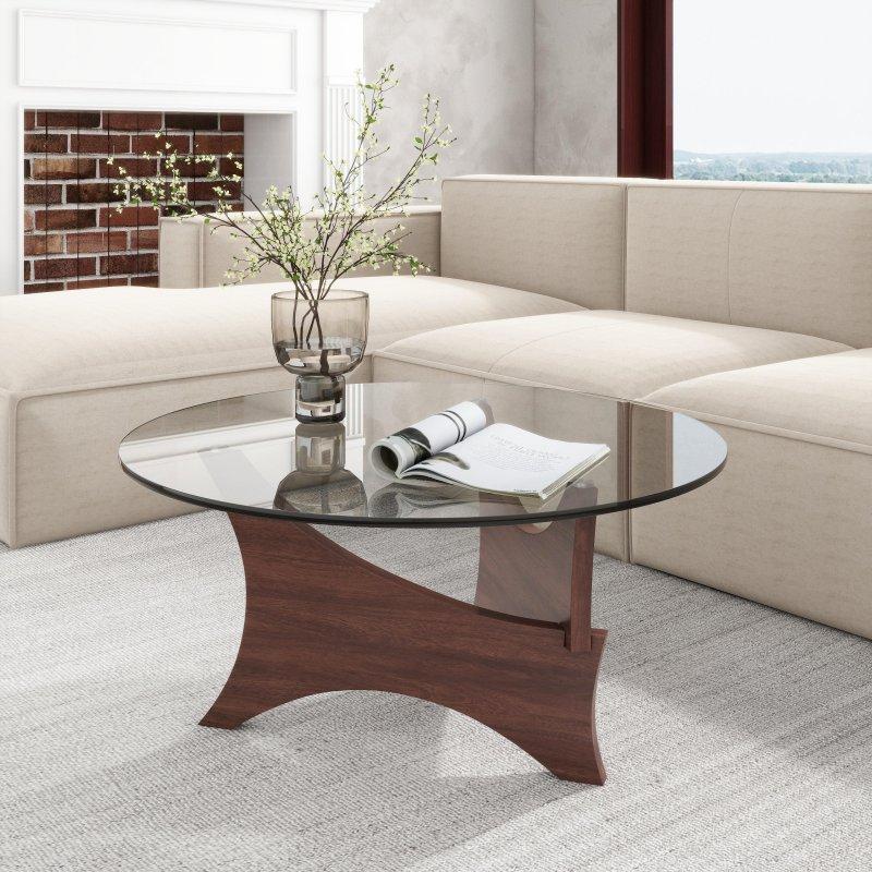 Kahverengi Ceviz Ayaklı Cam Tablalı Yuvarlak Orta Sehpa - 90x46 cm - 243474