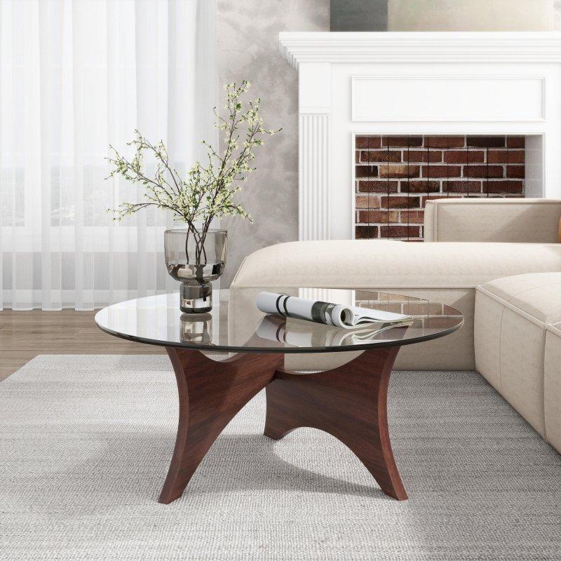 Kahverengi Ceviz Ayaklı Cam Tablalı Yuvarlak Orta Sehpa - 90x46 cm - 243474