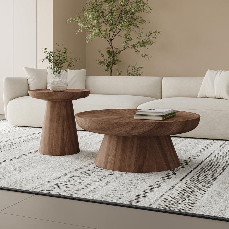 Kahverengi Ceviz Kaplama Masif ve MDF Ahşap 2li Set Yuvarlak Orta Sehpa - 244934