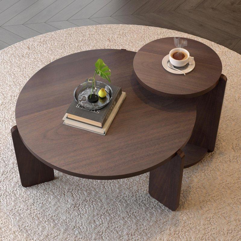 Kahverengi Ceviz Kaplama MDF İç İçe Geçen 2li Set Yuvarlak Orta Sehpa - 240663