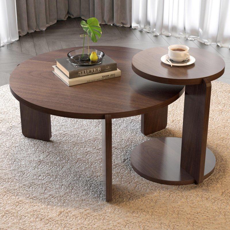 Kahverengi Ceviz Kaplama MDF İç İçe Geçen 2li Set Yuvarlak Orta Sehpa - 240663