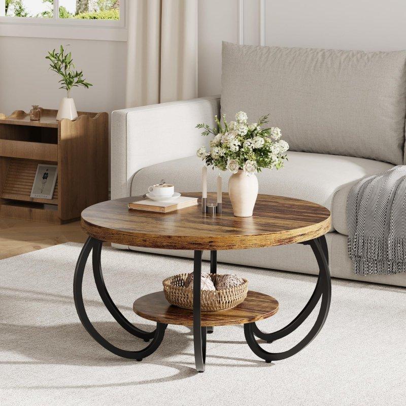Kahverengi Demir Ayaklı Raflı Ahşap Yuvarlak Orta Sehpa - 85 cm - 242054