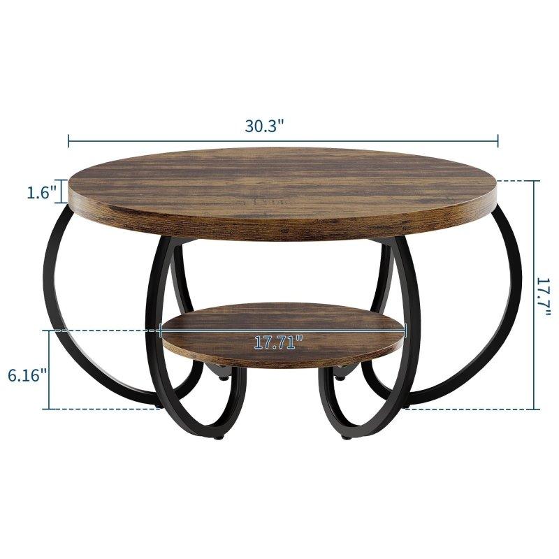 Kahverengi Demir Ayaklı Raflı Ahşap Yuvarlak Orta Sehpa - 85 cm - 242054