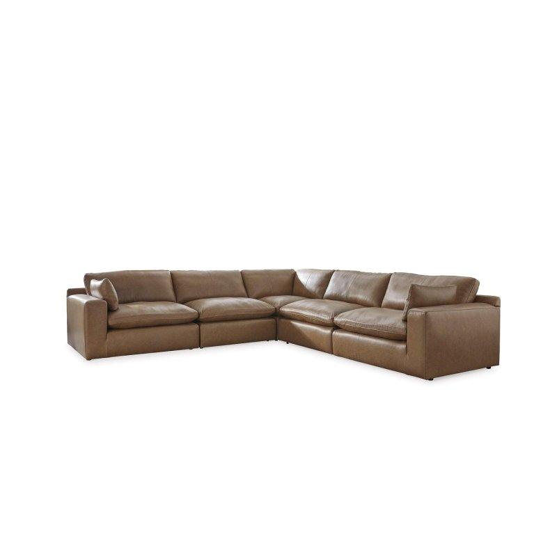 Kahverengi Deri ve Suni Deri Modüler 5 Parçalı Köşe Koltuk - 336x336 cm - 258834