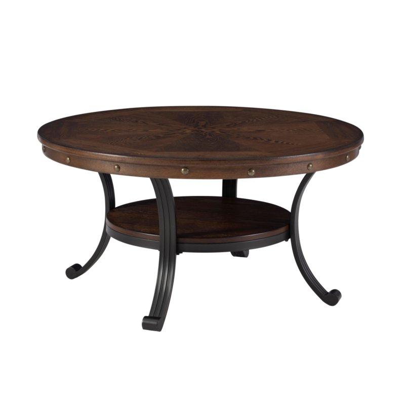 Kahverengi Dişbudak Kaplama Metal Zımba Detaylı Raflı Yuvarlak Orta Sehpa - Ø92 cm - 243579