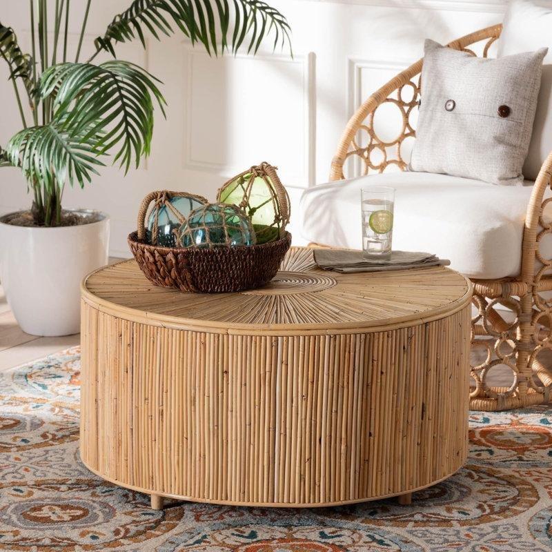Kahverengi Doğal Rattan El Yapımı Yuvarlak Orta Sehpa - 79x40 cm - 244149