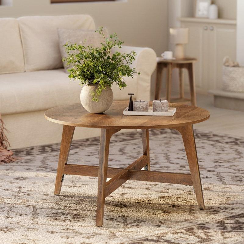 Kahverengi Endüstriyel Ahşap Dört Ayaklı Modern Yuvarlak Orta Sehpa - 80 cm - 246013