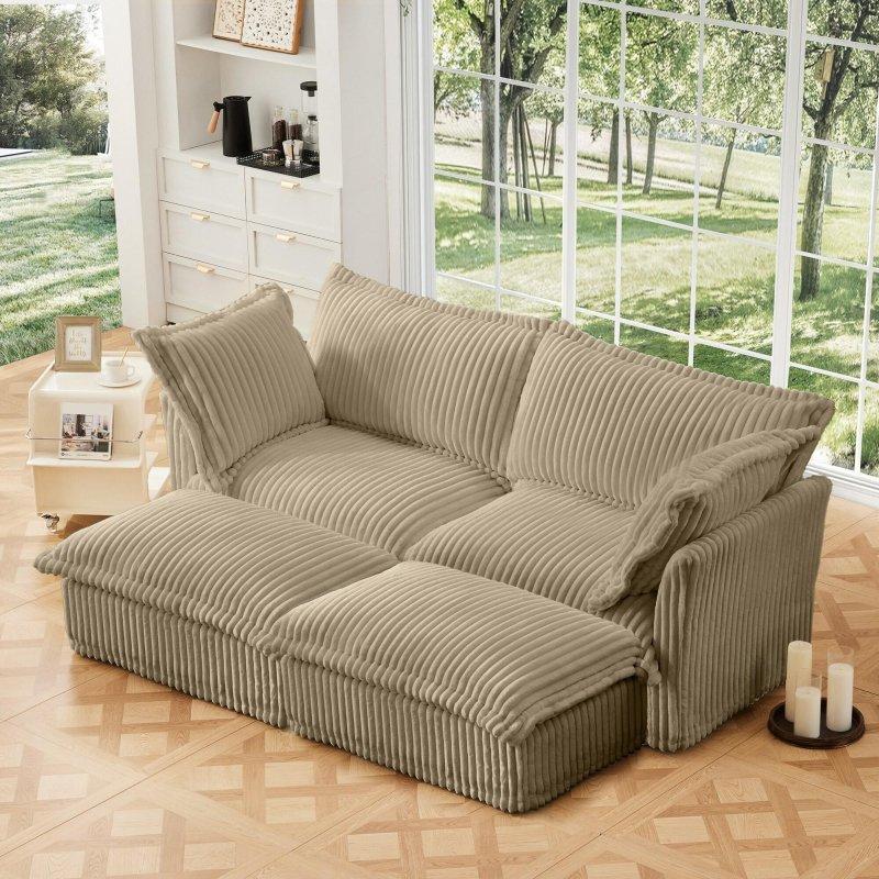 Kahverengi Fitilli Kadife Kumaş Masif Ahşap Kılıflı 2 Puflu Modüler Bohem Koltuk - 212x140 cm - 293103