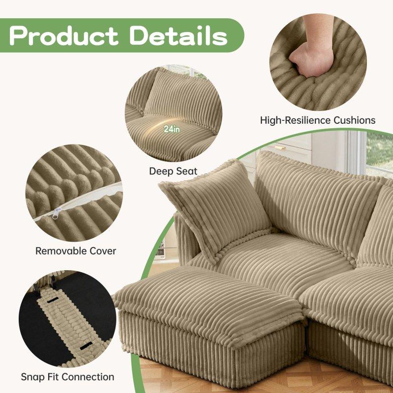Kahverengi Fitilli Kadife Kumaş Masif Ahşap Kılıflı 2 Puflu Modüler Bohem Koltuk - 212x140 cm - 293103