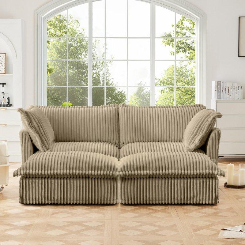 Kahverengi Fitilli Kadife Kumaş Masif Ahşap Kılıflı 2 Puflu Modüler Bohem Koltuk - 212x140 cm - 293103 Kahverengi Fitilli Kadife Kumaş Masif Ahşap Kılıflı 2 Puflu Modüler Bohem Koltuk - 212x140 cm - 293103