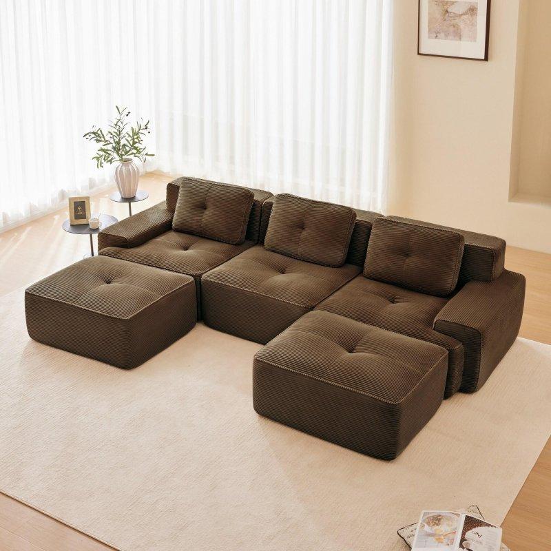 Kahverengi Fitilli Kadife Modüler Kapitoneli Bohem Koltuk - 293 cm - 286177