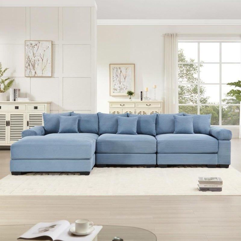 Kahverengi Fitilli Kadife Modüler Puflu Köşe Koltuk - 330x151 cm - 260218