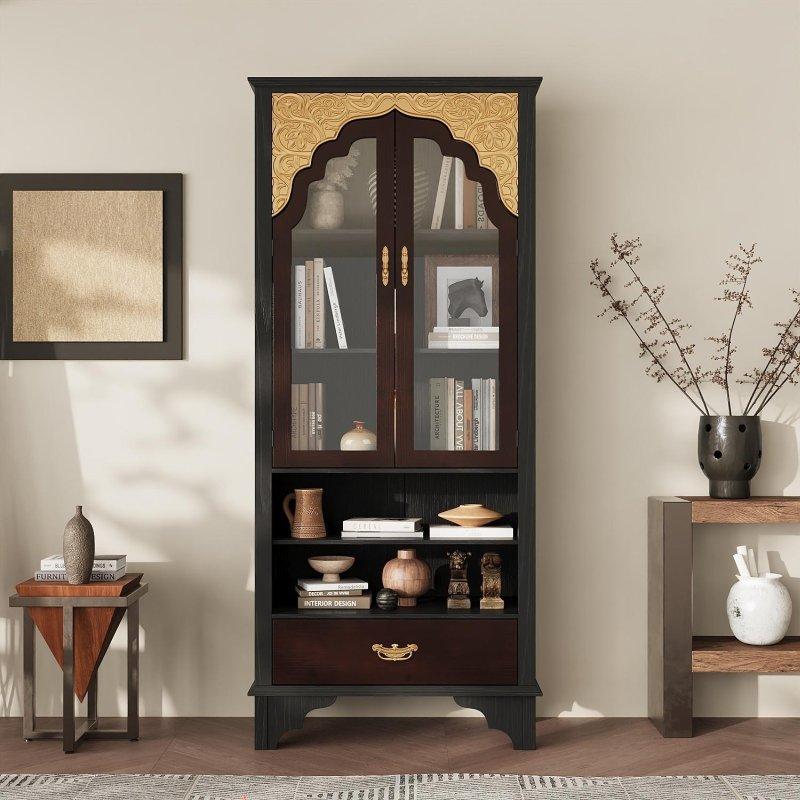 Kahverengi Gold Detaylı Ahşap Çekmeceli Asya Tarzı Cam Kapaklı Kitaplık - 81x183x40 cm - 239238