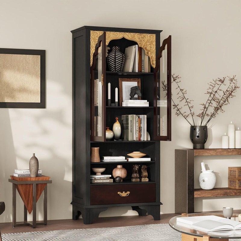 Kahverengi Gold Detaylı Ahşap Çekmeceli Asya Tarzı Cam Kapaklı Kitaplık - 81x183x40 cm - 239238