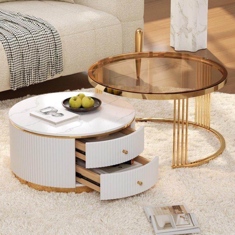 Kahverengi Gold Metal Temperli Cam Çekmeceli Zigon Yuvarlak Orta Sehpa - 71 cm - 241832