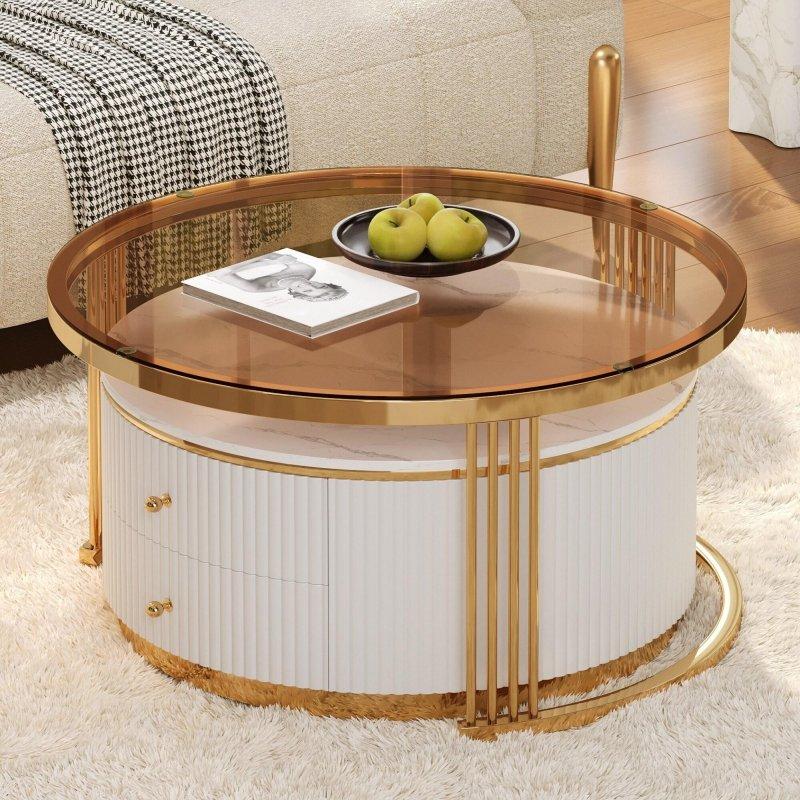 Kahverengi Gold Metal Temperli Cam Çekmeceli Zigon Yuvarlak Orta Sehpa - 71 cm - 241832