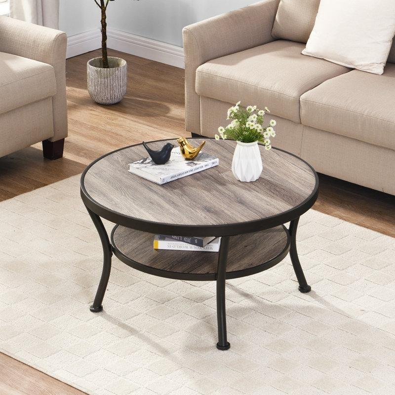 Kahverengi Gri Ahşap ve Demir Raflı Tırtıklı Kenarlı Yuvarlak Orta Sehpa - 82 cm - 245860