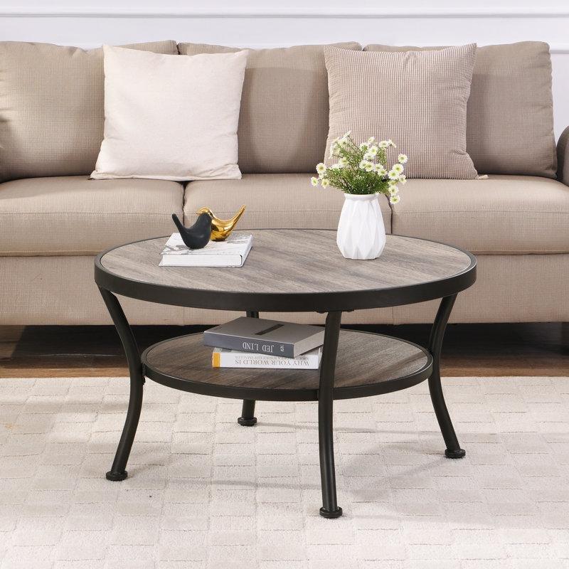 Kahverengi Gri Ahşap ve Demir Raflı Tırtıklı Kenarlı Yuvarlak Orta Sehpa - 82 cm - 245860