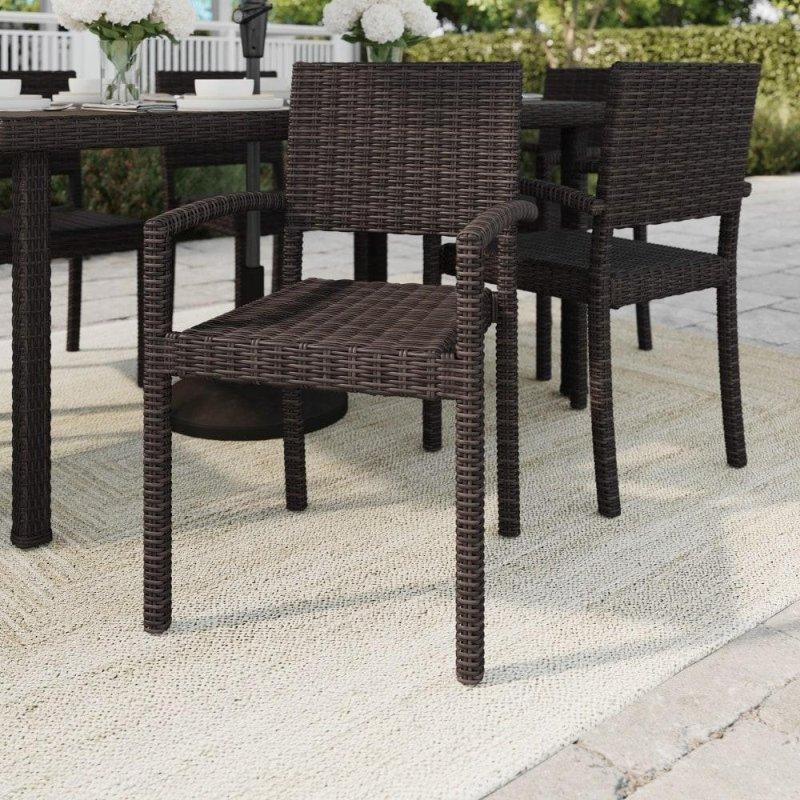 Kahverengi Gri İstiflenebilir Kollu Rattan Sandalye Seti - 54x58x86 cm - 253248