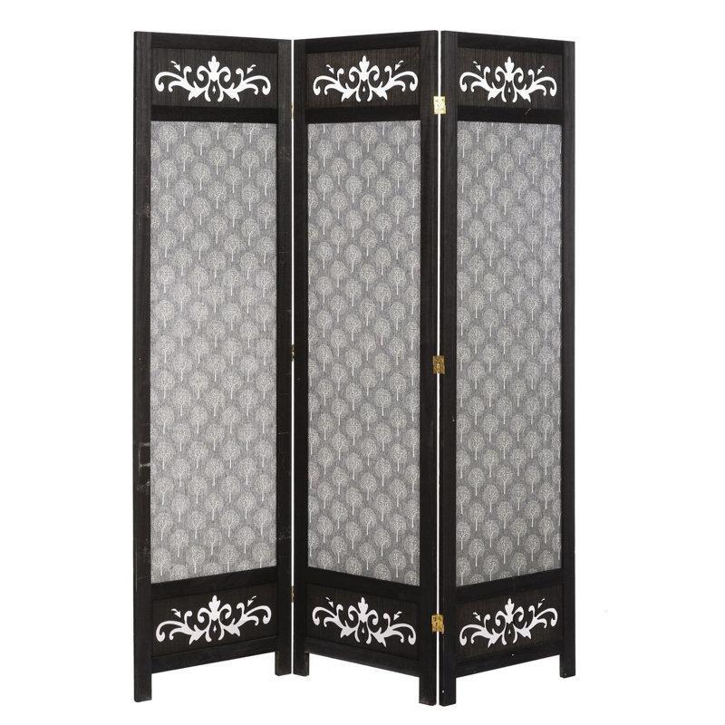 Kahverengi Gri Masif Ahşap Kanvas Katlanır 3 Panelli Paravan - 132x171 cm - 321318