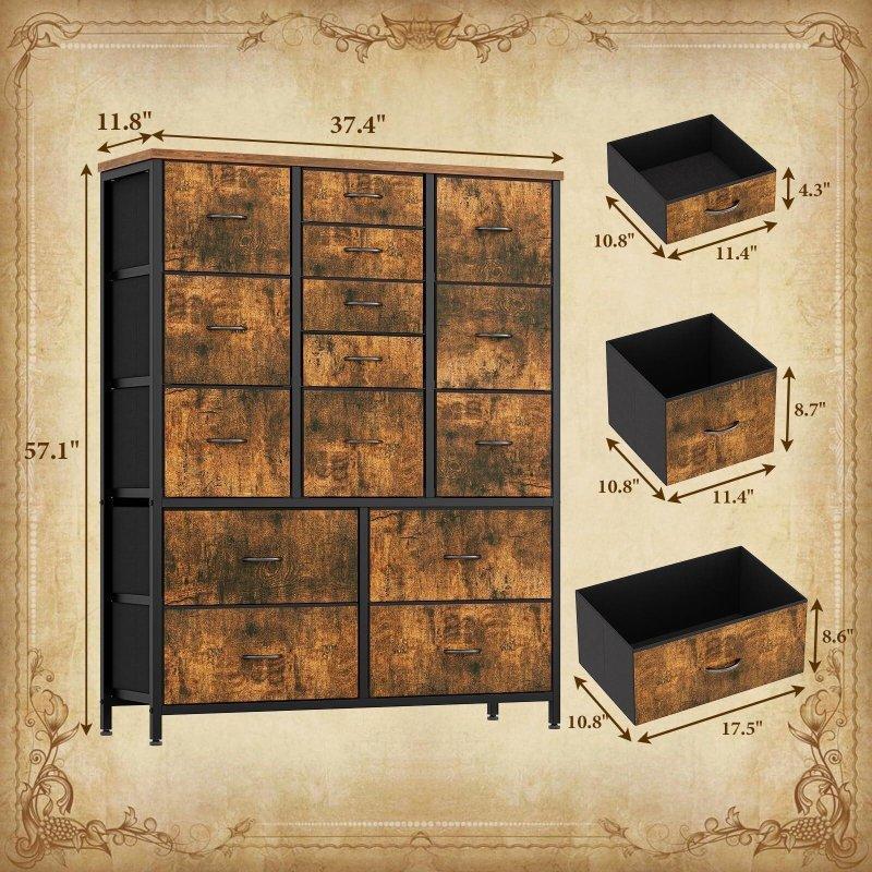 Kahverengi Gri Meşe Ahşap Çelik Çerçeveli 15 Kumaş Çekmeceli Dikey Şifonyer - 100x30x122 cm - 295938