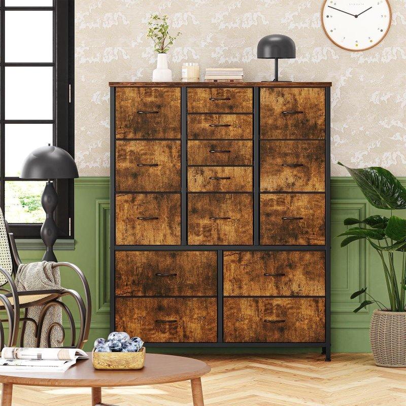 Kahverengi Gri Meşe Ahşap Çelik Çerçeveli 15 Kumaş Çekmeceli Dikey Şifonyer - 100x30x122 cm - 295938
