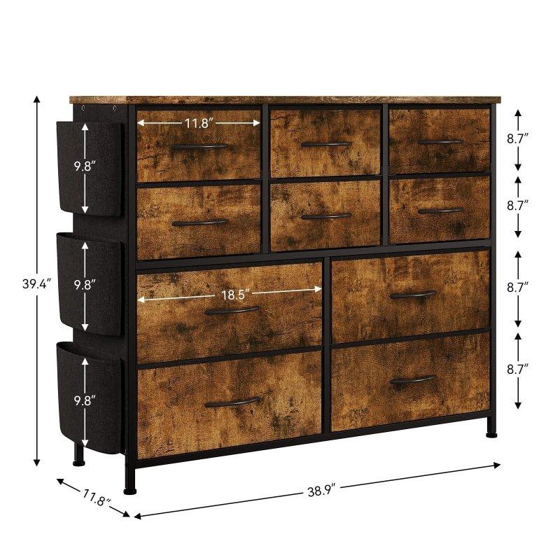 Kahverengi Gri Metal Kumaş 10 Çekmeceli Yan Cepli Şifonyer - 89x30x99 cm - 308276