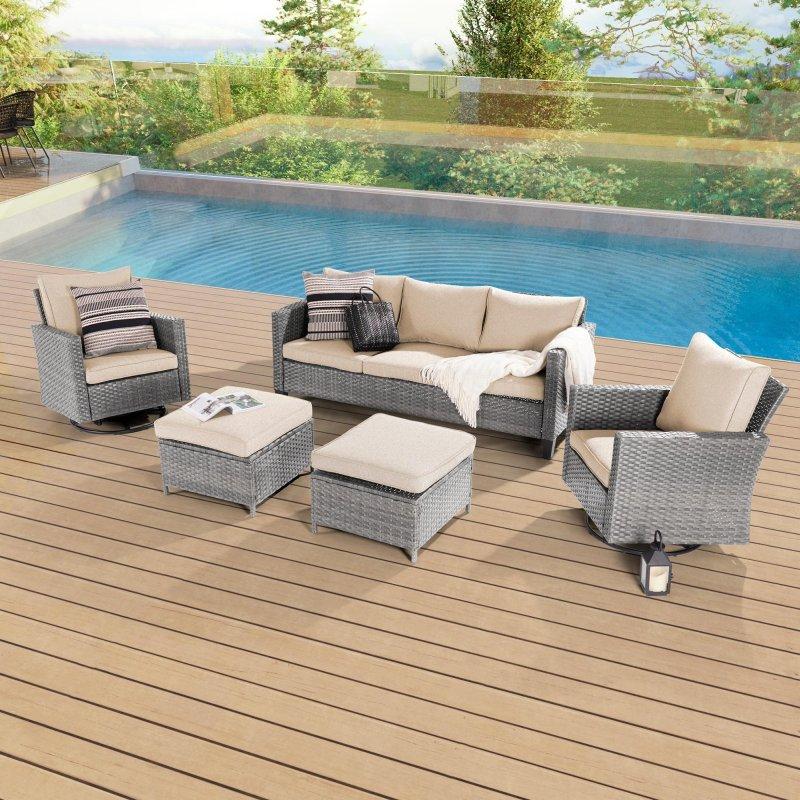 Kahverengi Gri Rattan Metal Döner Sallanır Minderli 5 Parça Bahçe Takımı - 267966