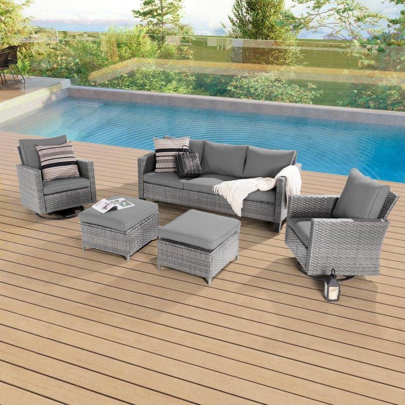 Kahverengi Gri Rattan Metal Döner Sallanır Minderli 5 Parça Bahçe Takımı - 267966