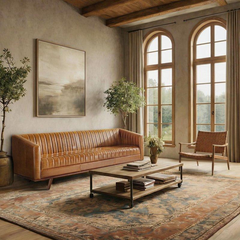 Kahverengi Hakiki Deri Masif Ahşap Ayaklı 3 Kişilik Bohem Koltuk - 200x85x77 cm - 282426