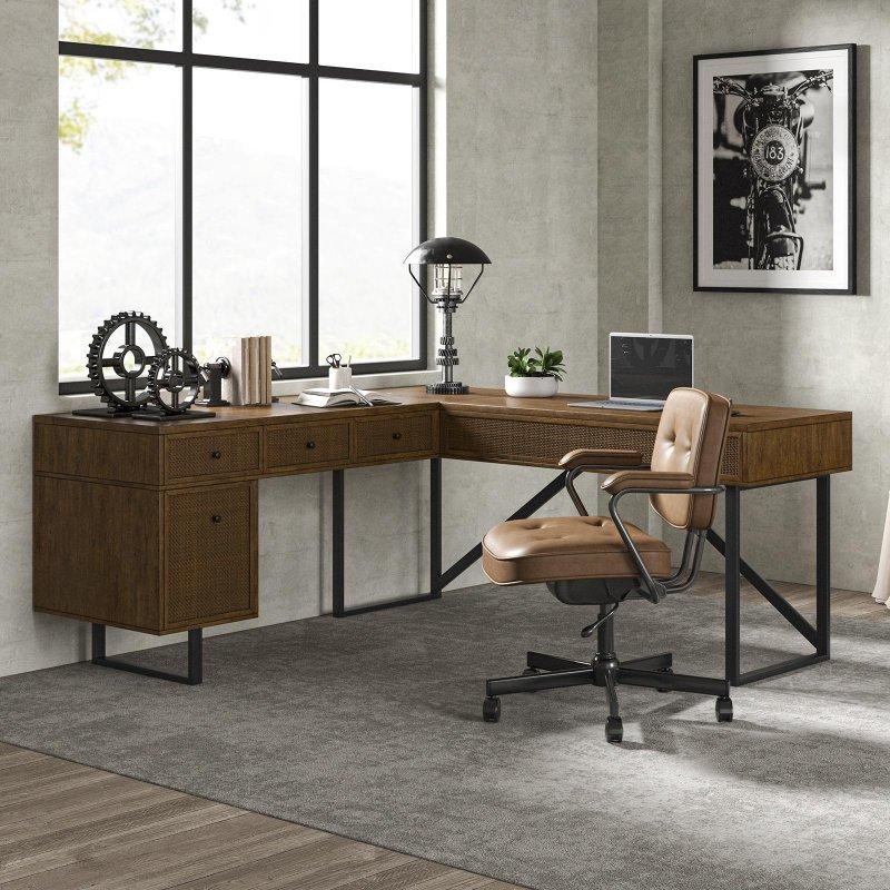 Kahverengi Huş Kaplama Metal Ayaklı Yüksekliği Ayarlanabilir Rattan Çekmeceli L Tipi Ofis Masası - 181x182 cm - 327645