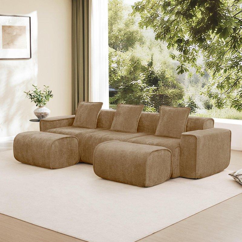 Kahverengi Kadife Ahşap Modüler U Şekilli Fransız Biyeli Bohem Koltuk - 276x152 cm - 287268