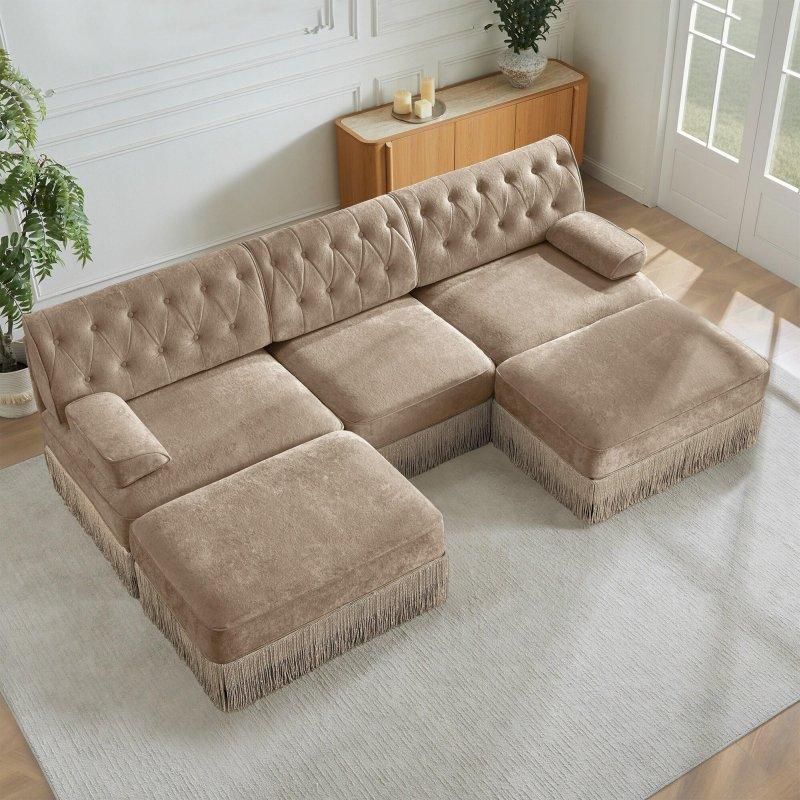 Kahverengi Kadife Kumaş Püsküllü Etekli Düğme Detaylı Modüler Bohem Koltuk - 270x154 cm - 290594