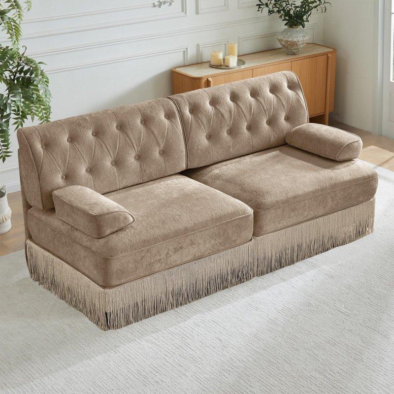Kahverengi Kadife Püsküllü Etekli Düğme Detaylı Modüler Bohem Koltuk - 195x87x86 cm - 291268