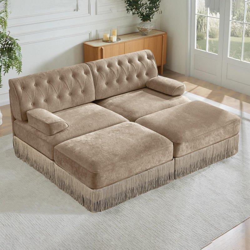 Kahverengi Kadife Püsküllü Etekli Modüler Chesterfield Kapitoneli Bohem Koltuk - 195x154 cm - 292308