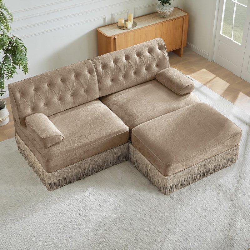 Kahverengi Kadife Püsküllü Modüler Chesterfield L Bohem Koltuk - 195x87x154 cm - 286695